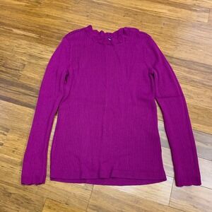 Lands End Ribbed Mock Neck Sweater Womens Size M Fuchsia Pink‎ Scalloped Trim